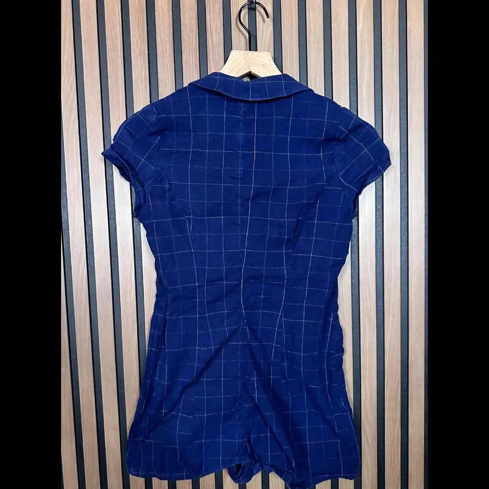 Urban Outfitters Shirt Romper XS Womens Blue Short Sleeve Pin Check Square Plaid